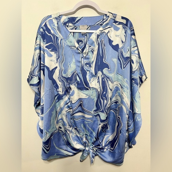 Chicos Marble Stone Paint Swirl Dolman Sleeve Front Tie Knot Tunic Blouse - Picture 4 of 10